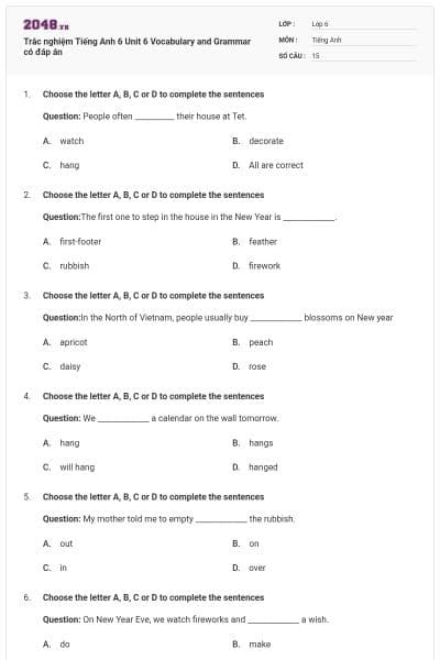 Trắc nghiệm Tiếng Anh 6 Unit 6 Vocabulary and Grammar có đáp án