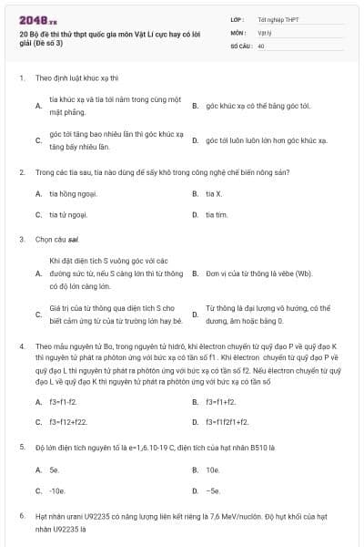 20 Bộ đề thi thử thpt quốc gia môn Vật Lí cực hay có lời giải (Đề số 3)