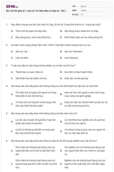 Bộ 3 đề thi giữa kì 1 Lịch sử 10 Cánh diều có đáp án - Đề 2