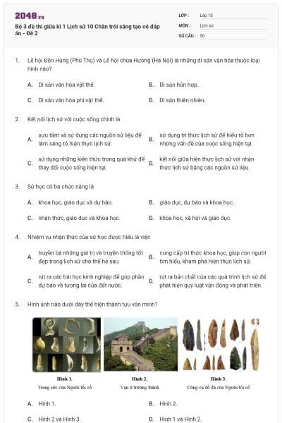 Bộ 3 đề thi giữa kì 1 Lịch sử 10 Chân trời sáng tạo có đáp án - Đề 2