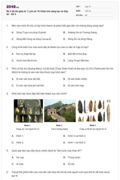 Bộ 3 đề thi giữa kì 1 Lịch sử 10 Chân trời sáng tạo có đáp án - Đề 3