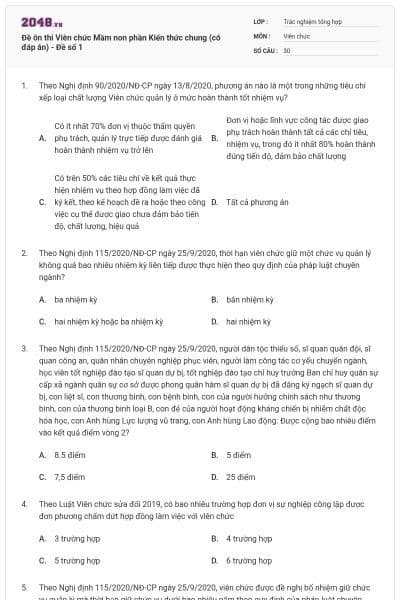 Đề ôn thi Viên chức Mầm non phần Kiến thức chung (có đáp án) - Đề số 1