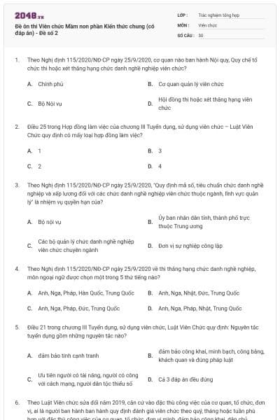 Đề ôn thi Viên chức Mầm non phần Kiến thức chung (có đáp án) - Đề số 2