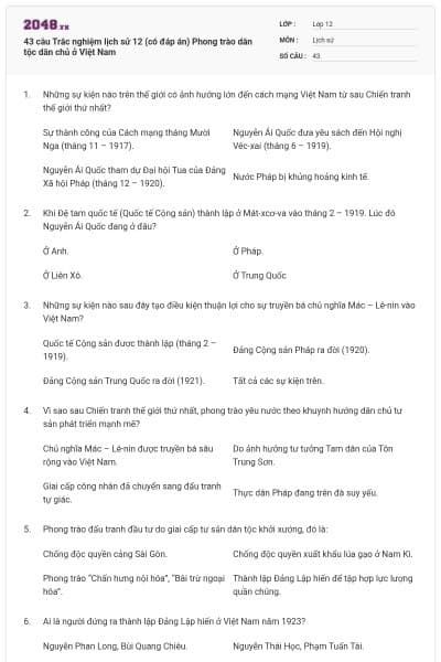 43 câu Trắc nghiệm lịch sử 12 (có đáp án) Phong trào dân tộc dân chủ ở Việt Nam