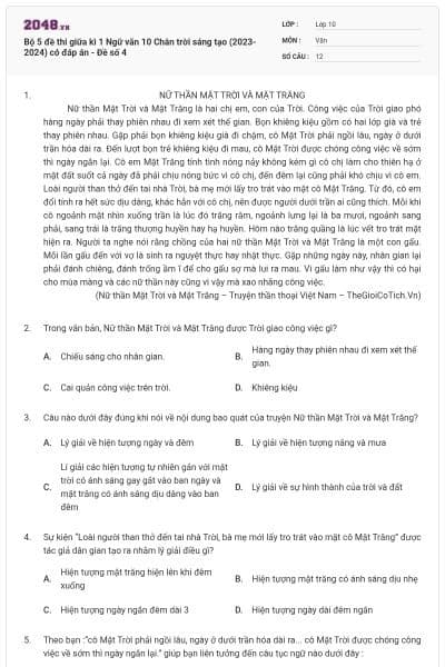 Bộ 5 đề thi giữa kì 1 Ngữ văn 10 Chân trời sáng tạo (2023-2024) có đáp án - Đề số 4