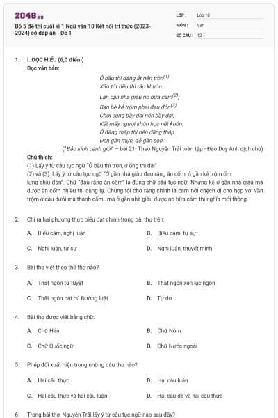 Bộ 5 đề thi cuối kì 1 Ngữ văn 10 Kết nối tri thức (2023-2024) có đáp án - Đề 1