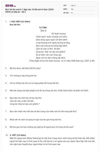 Bộ 5 đề thi cuối kì 1 Ngữ văn 10 Kết nối tri thức (2023-2024) có đáp án - Đề 2