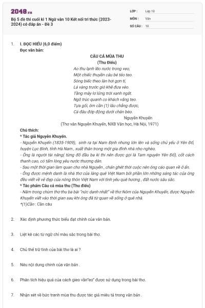 Bộ 5 đề thi cuối kì 1 Ngữ văn 10 Kết nối tri thức (2023-2024) có đáp án - Đề 3