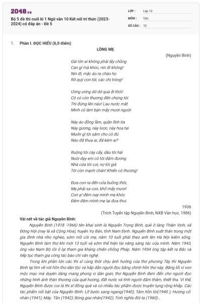 Bộ 5 đề thi cuối kì 1 Ngữ văn 10 Kết nối tri thức (2023-2024) có đáp án - Đề 5