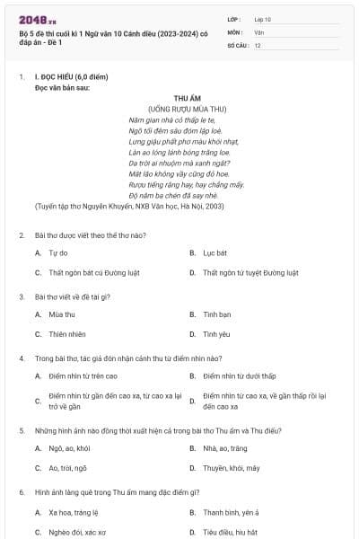 Bộ 5 đề thi cuối kì 1 Ngữ văn 10 Cánh diều (2023-2024) có đáp án - Đề 1