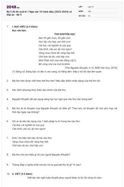 Bộ 5 đề thi cuối kì 1 Ngữ văn 10 Cánh diều (2023-2024) có đáp án - Đề 5