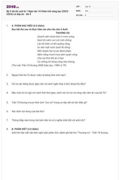 Bộ 5 đề thi cuối kì 1 Ngữ văn 10 Chân trời sáng tạo (2023-2024) có đáp án - Đề 4