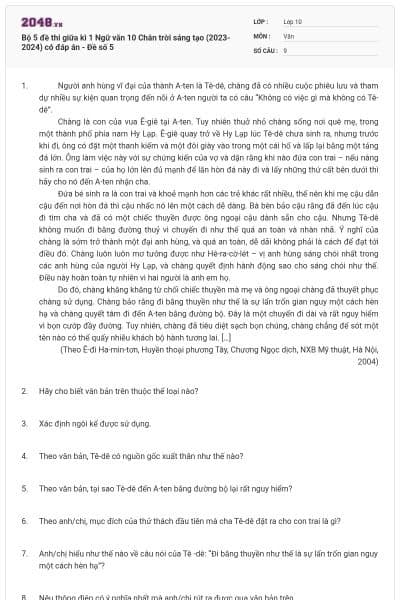 Bộ 5 đề thi giữa kì 1 Ngữ văn 10 Chân trời sáng tạo (2023-2024) có đáp án - Đề số 5