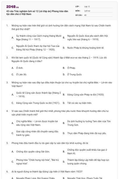 43 câu Trắc nghiệm lịch sử 12 (có đáp án) Phong trào dân tộc dân chủ ở Việt Nam
