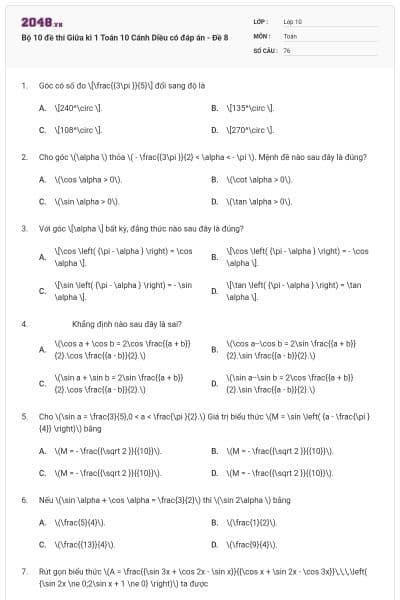 Bộ 10 đề thi Giữa kì 1 Toán 10 Cánh Diều có đáp án - Đề 8