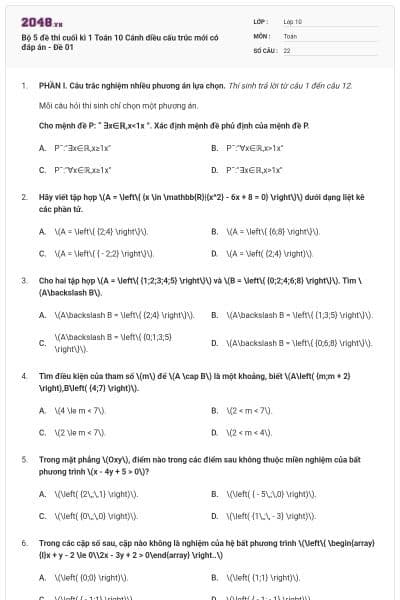 Bộ 5 đề thi cuối kì 1 Toán 10 Cánh diều cấu trúc mới có đáp án - Đề 01