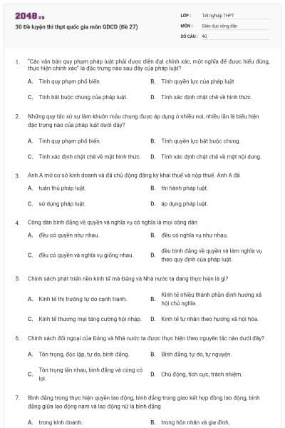 30 Đề luyện thi thpt quốc gia môn GDCD (Đề 27)