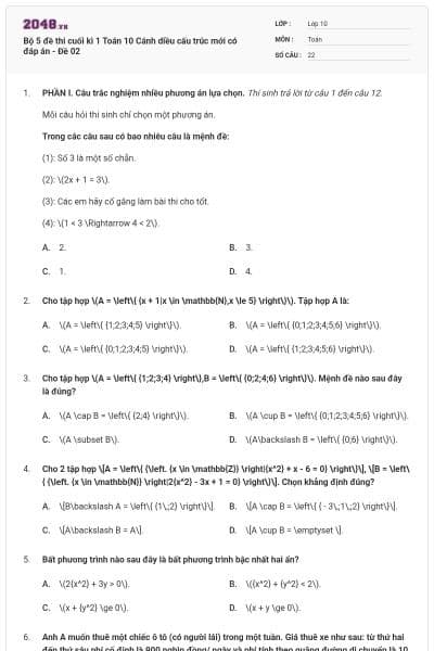Bộ 5 đề thi cuối kì 1 Toán 10 Cánh diều cấu trúc mới có đáp án - Đề 02