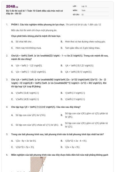 Bộ 5 đề thi cuối kì 1 Toán 10 Cánh diều cấu trúc mới có đáp án - Đề 03