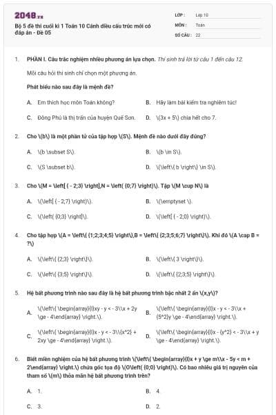 Bộ 5 đề thi cuối kì 1 Toán 10 Cánh diều cấu trúc mới có đáp án - Đề 05