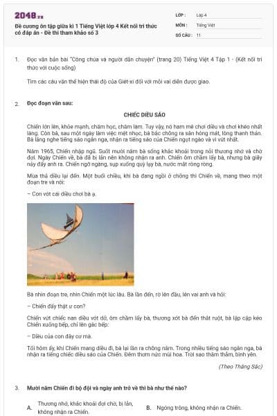 Đề cương ôn tập giữa kì 1 Tiếng Việt lớp 4 Kết nối tri thức có đáp án - Đề thi tham khảo số 3