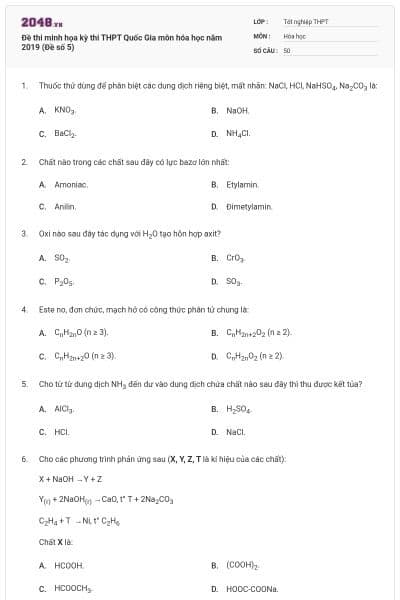 Đề thi minh họa kỳ thi THPT Quốc Gia môn hóa học năm 2019 (Đề số 5)