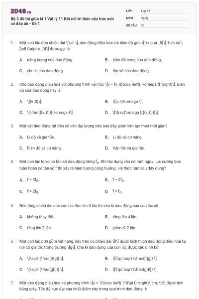 Bộ 3 đề thi giữa kì 1 Vật lý 11 Kết nối tri thức cấu trúc mới có đáp án - Đề 1