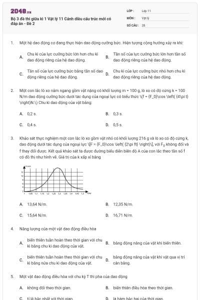 Bộ 3 đề thi giữa kì 1 Vật lý 11 Cánh diều cấu trúc mới có đáp án - Đề 2