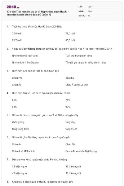 170 câu  Trắc nghiệm Địa Lí 11 Hợp Chủng quốc Hoa kì - Tự nhiên và dân cư (có đáp án) (phần 4)