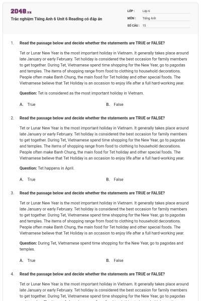 Trắc nghiệm Tiếng Anh 6 Unit 6 Reading có đáp án