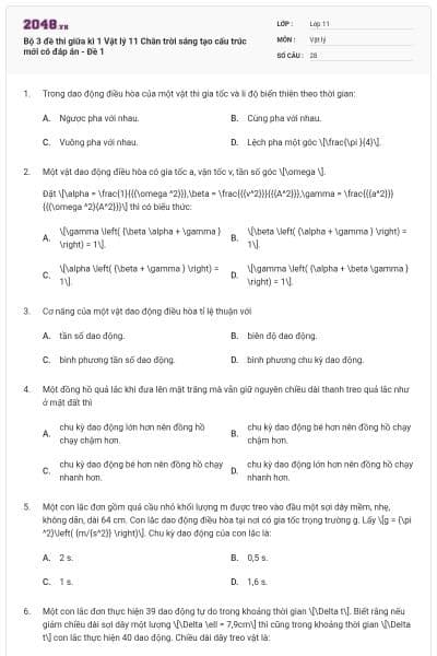 Bộ 3 đề thi giữa kì 1 Vật lý 11 Chân trời sáng tạo cấu trúc mới có đáp án - Đề 1