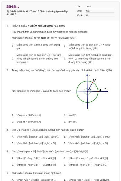 Bộ 10 đề thi Giữa kì 1 Toán 10 Chân trời sáng tạo có đáp án - Đề 6