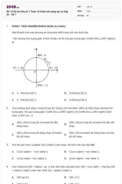 Bộ 10 đề thi Giữa kì 1 Toán 10 Chân trời sáng tạo có đáp án - Đề 7