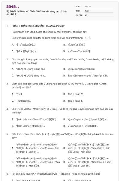 Bộ 10 đề thi Giữa kì 1 Toán 10 Chân trời sáng tạo có đáp án - Đề 9