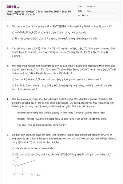 Đề thi tuyển sinh vào lớp 10 Toán năm học 2023 - 2024 Sở GD&ĐT TP.HCM có đáp án