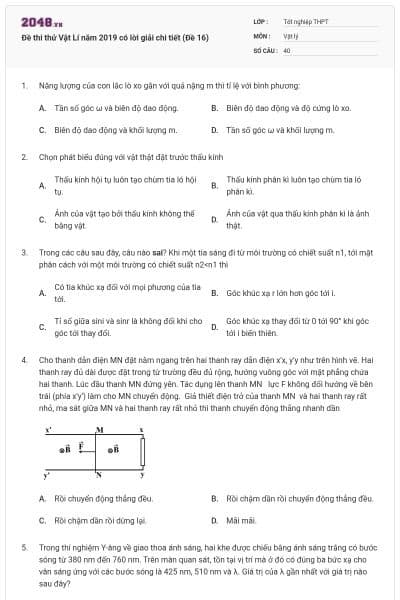 Đề thi thử Vật Lí năm 2019 có lời giải chi tiết (Đề 16)