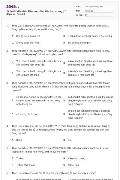 Đề ôn thi Viên chức Mầm non phần Kiến thức chung (có đáp án) - Đề số 3