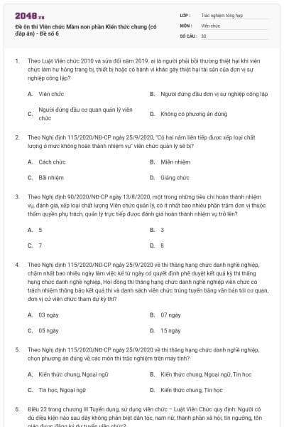 Đề ôn thi Viên chức Mầm non phần Kiến thức chung (có đáp án) - Đề số 6