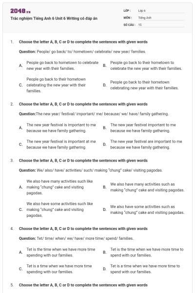 Trắc nghiệm Tiếng Anh 6 Unit 6 Writing có đáp án