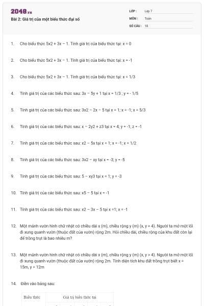 Bài 2: Giá trị của một biểu thức đại số