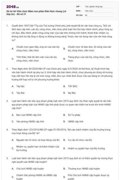 Đề ôn thi Viên chức Mầm non phần Kiến thức chung (có đáp án) - Đề số 21