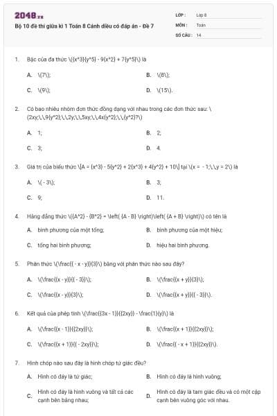 Bộ 10 đề thi giữa kì 1 Toán 8 Cánh diều có đáp án - Đề 7