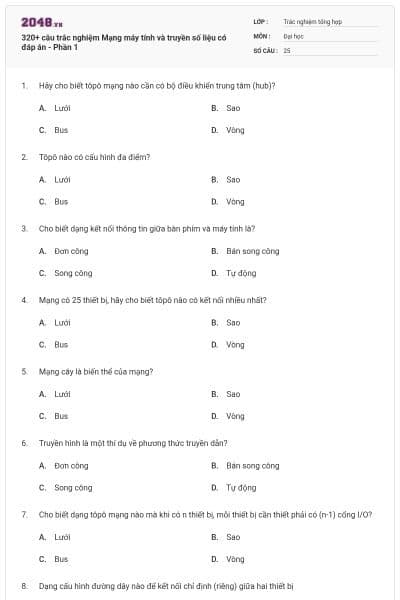320+ câu trắc nghiệm Mạng máy tính và truyền số liệu có đáp án - Phần 1