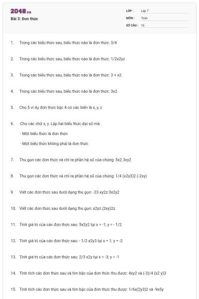 Bài 3: Đơn thức