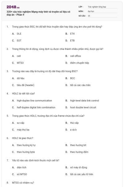 320+ câu trắc nghiệm Mạng máy tính và truyền số liệu có đáp án - Phần 9