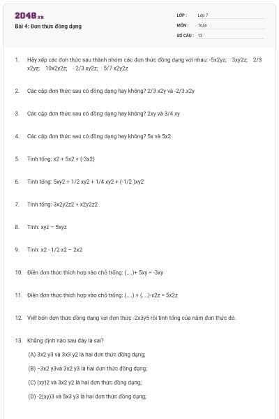 Bài 4: Đơn thức đồng dạng