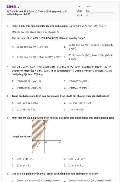 Bộ 5 đề thi cuối kì 1 Toán 10 Chân trời sáng tạo cấu trúc mới có đáp án - Đề 03