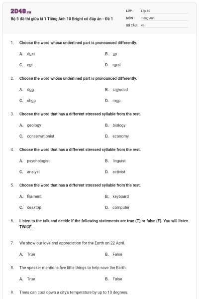 Bộ 5 đề thi giữa kì 1 Tiếng Anh 10 Bright có đáp án - Đề 1