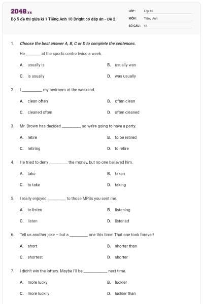 Bộ 5 đề thi giữa kì 1 Tiếng Anh 10 Bright có đáp án - Đề 2