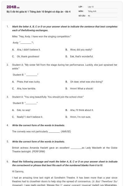 Bộ 5 đề thi giữa kì 1 Tiếng Anh 10 Bright có đáp án - Đề 4